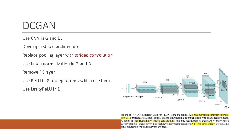 DCGAN Use CNN in G and D. Develop a stable architecture Replace pooling layer