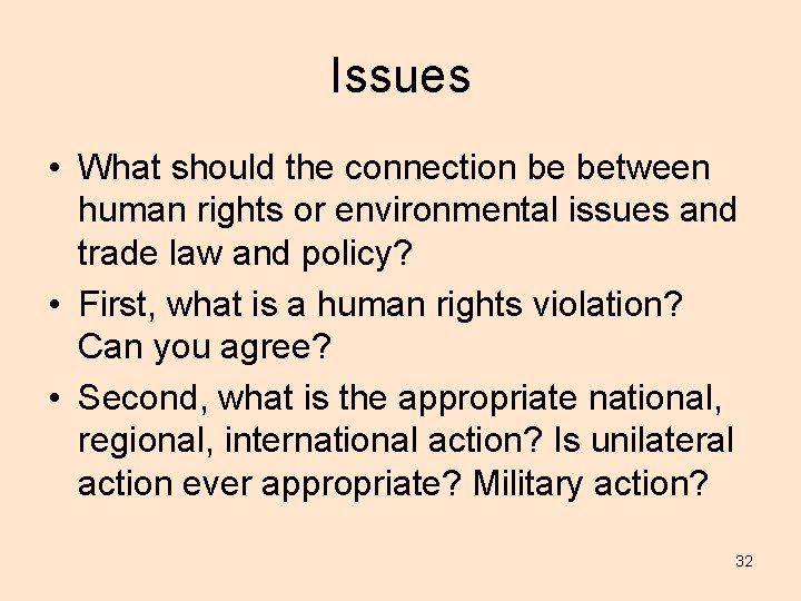 Issues • What should the connection be between human rights or environmental issues and