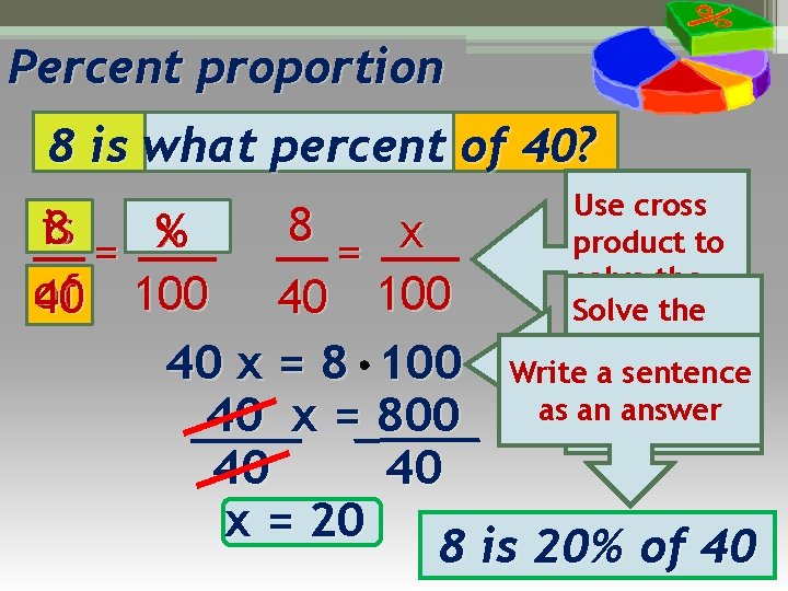 Percent proportion 8 is what percent of 40? Use cross product to solve the