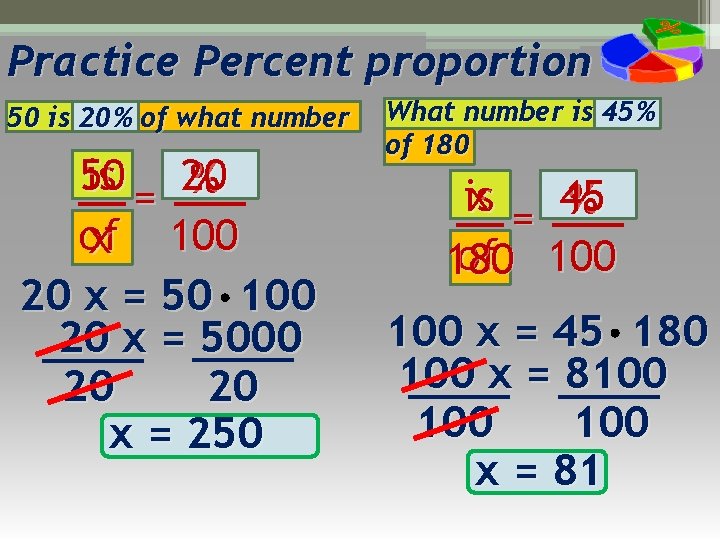 Practice Percent proportion 50 is 20% of what number 50 is = 20 %