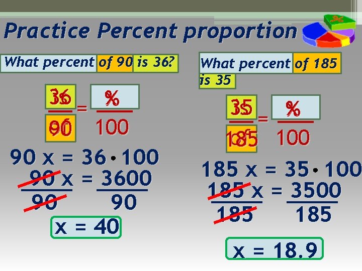 Practice Percent proportion What percent of 90 is 36? 36 is = % x