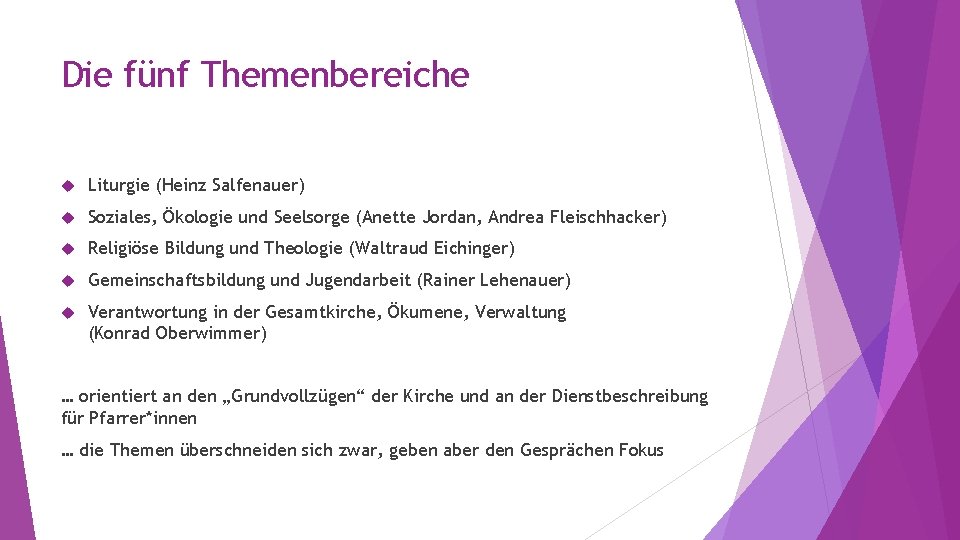 Die fünf Themenbereiche Liturgie (Heinz Salfenauer) Soziales, Ökologie und Seelsorge (Anette Jordan, Andrea Fleischhacker)