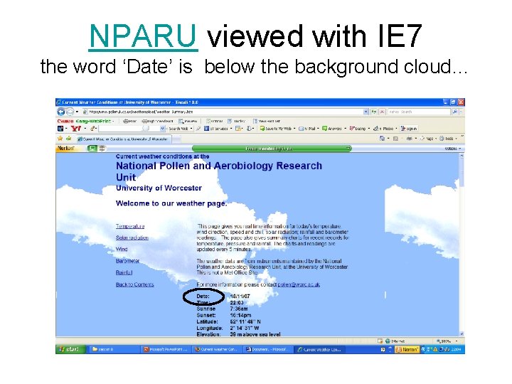 NPARU viewed with IE 7 the word ‘Date’ is below the background cloud… 