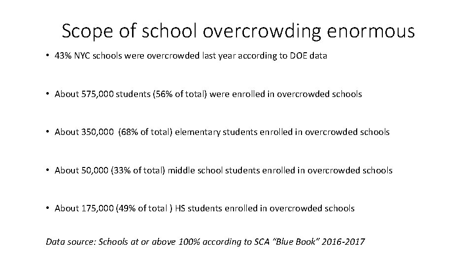 Scope of school overcrowding enormous • 43% NYC schools were overcrowded last year according Scope of school overcrowding enormous • 43% NYC schools were overcrowded last year according