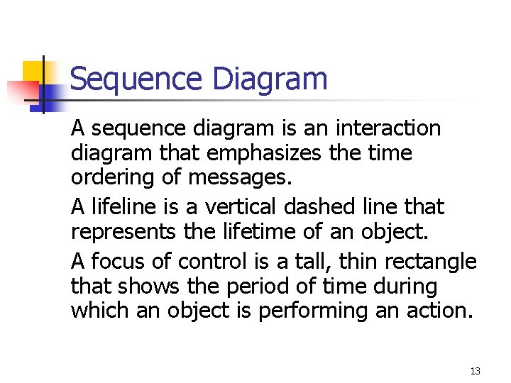 Sequence Diagram A sequence diagram is an interaction diagram that emphasizes the time ordering