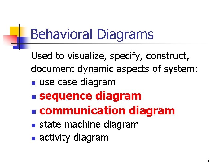 Behavioral Diagrams Used to visualize, specify, construct, document dynamic aspects of system: n use
