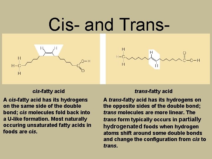 Cis- and Trans- cis-fatty acid trans-fatty acid A cis-fatty acid has its hydrogens on