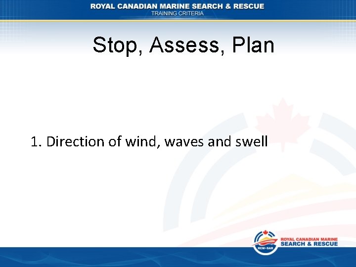 Stop, Assess, Plan 1. Direction of wind, waves and swell 