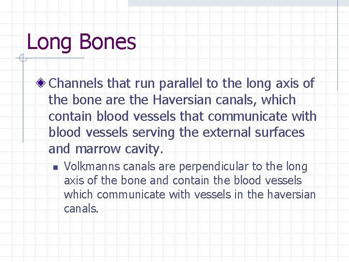 Long Bones Channels that run parallel to the long axis of the bone are Long Bones Channels that run parallel to the long axis of the bone are