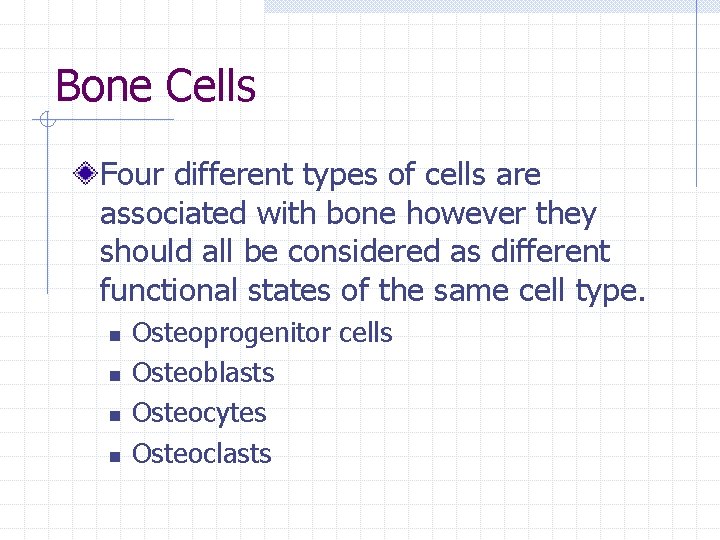 Bone Cells Four different types of cells are associated with bone however they should Bone Cells Four different types of cells are associated with bone however they should