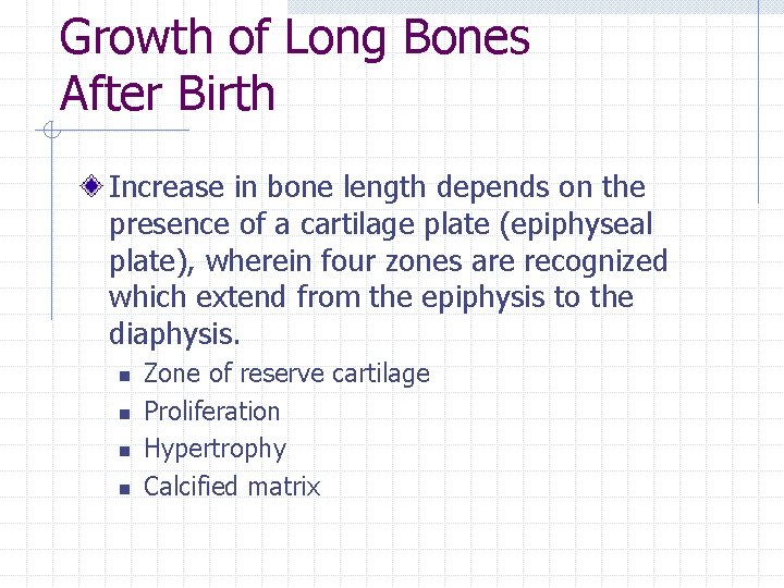 Growth of Long Bones After Birth Increase in bone length depends on the presence Growth of Long Bones After Birth Increase in bone length depends on the presence