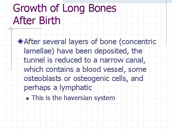 Growth of Long Bones After Birth After several layers of bone (concentric lamellae) have Growth of Long Bones After Birth After several layers of bone (concentric lamellae) have