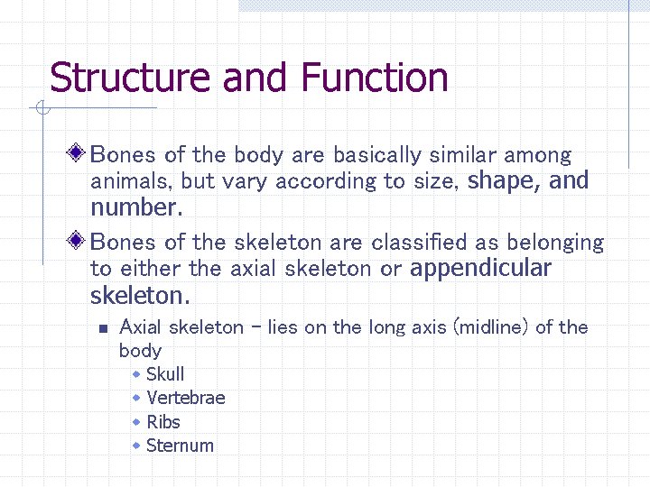 Structure and Function Bones of the body are basically similar among animals, but vary Structure and Function Bones of the body are basically similar among animals, but vary