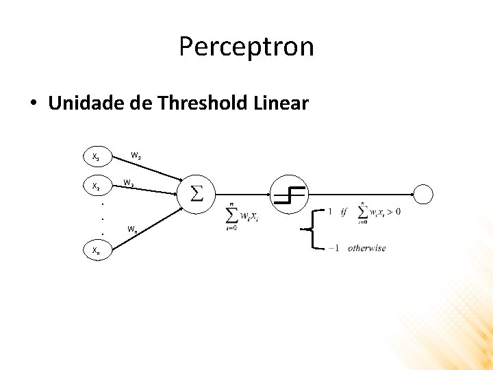 Perceptron • Unidade de Threshold Linear W 1 X 1 W 2 X 2