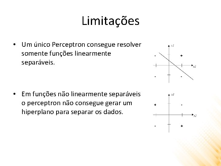 Limitações • Um único Perceptron consegue resolver somente funções linearmente separáveis. • Em funções