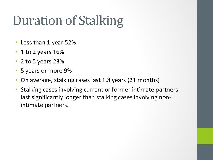 Duration of Stalking • • • Less than 1 year 52% 1 to 2