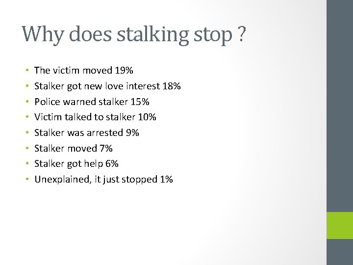 Why does stalking stop ? • • The victim moved 19% Stalker got new
