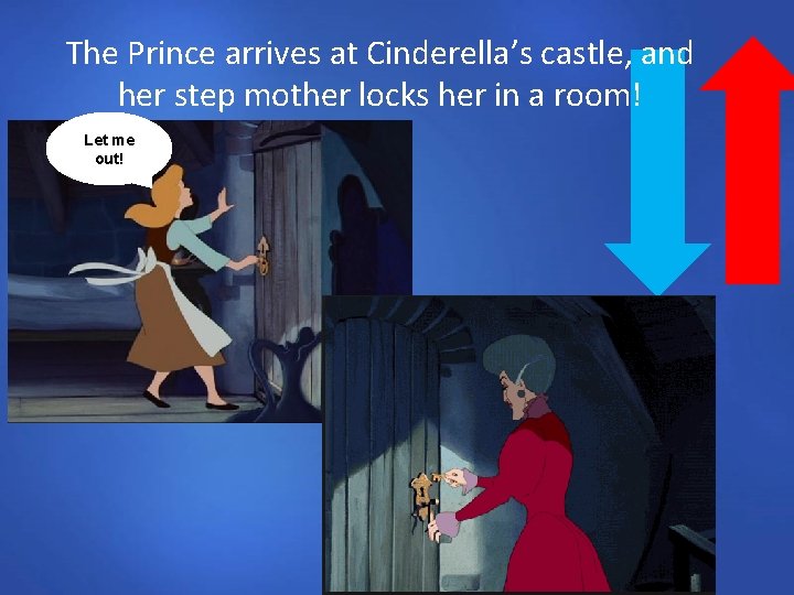 The Prince arrives at Cinderella’s castle, and her step mother locks her in a