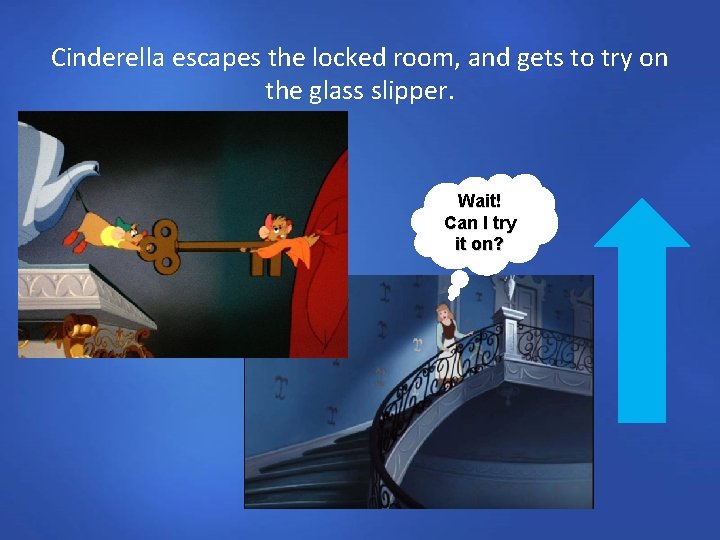 Cinderella escapes the locked room, and gets to try on the glass slipper. Wait!
