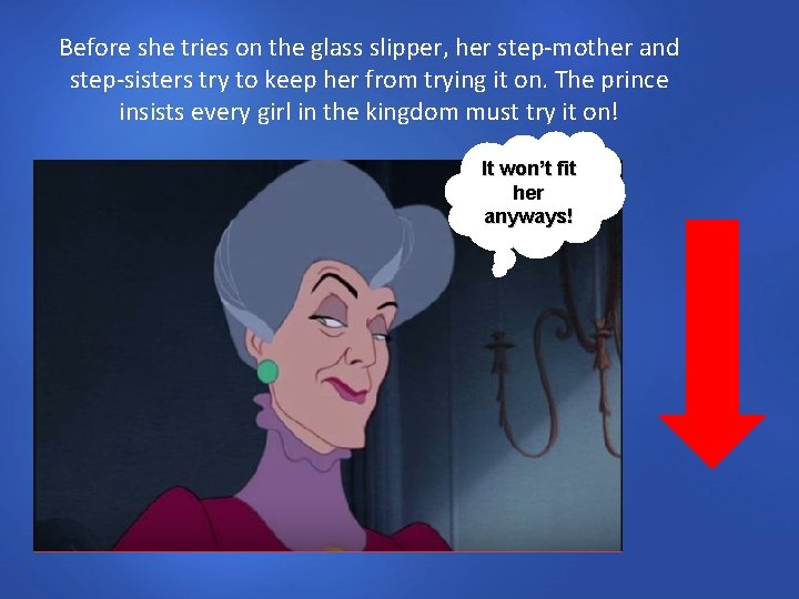 Before she tries on the glass slipper, her step-mother and step-sisters try to keep
