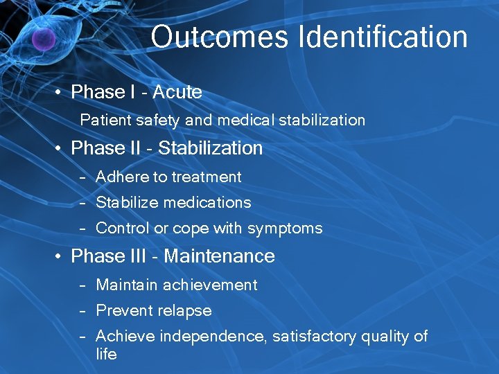 Outcomes Identification • Phase I - Acute Patient safety and medical stabilization • Phase