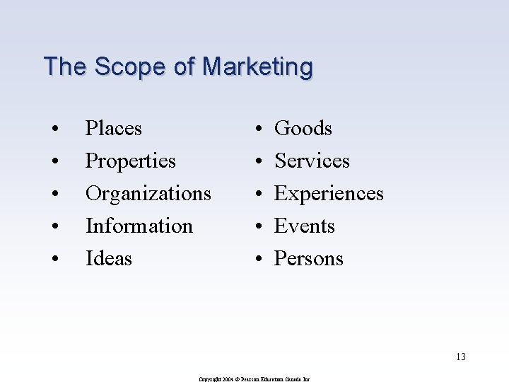 The Scope of Marketing • • • Places Properties Organizations Information Ideas • •