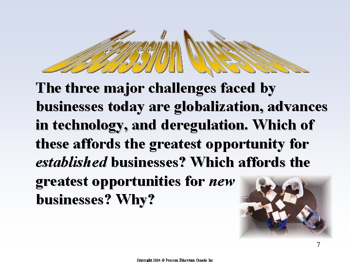 The three major challenges faced by businesses today are globalization, advances in technology, and