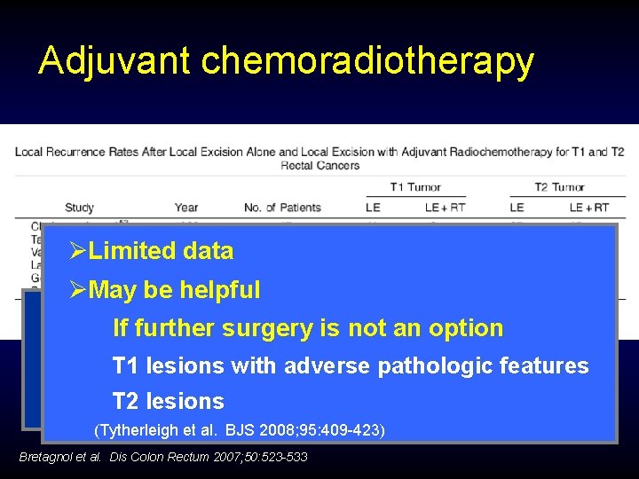 Adjuvant chemoradiotherapy ØLimited data ØMay be helpful Difficult to interpret If further surgery is