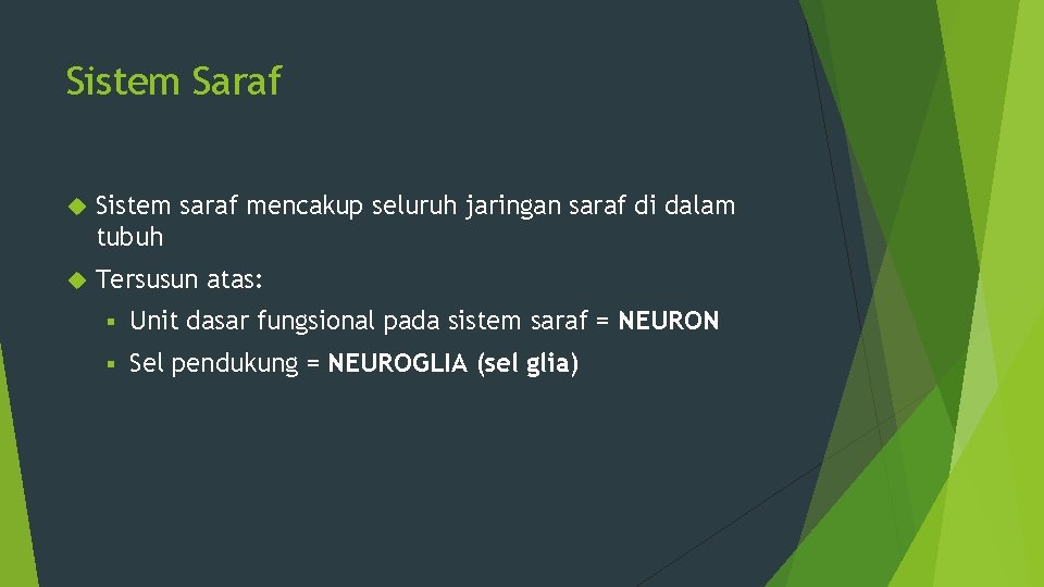 Sistem Saraf Sistem saraf mencakup seluruh jaringan saraf di dalam tubuh Tersusun atas: §