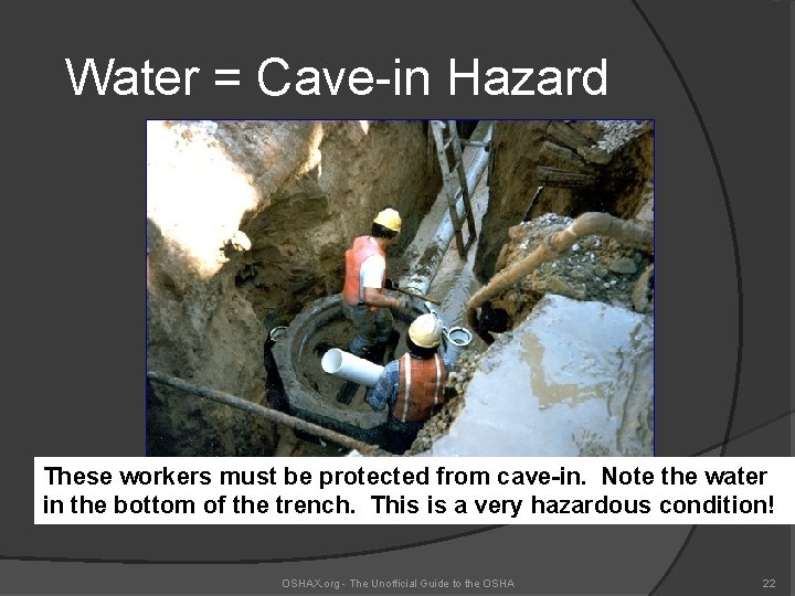 Water = Cave-in Hazard These workers must be protected from cave-in. Note the water