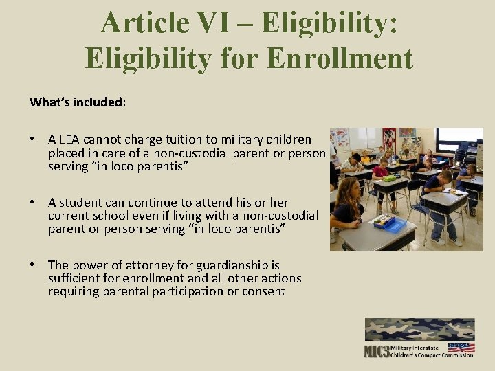 Article VI – Eligibility: Eligibility for Enrollment What’s included: • A LEA cannot charge