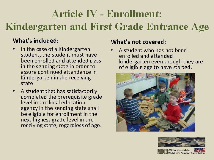 Article IV - Enrollment: Kindergarten and First Grade Entrance Age What’s included: • In