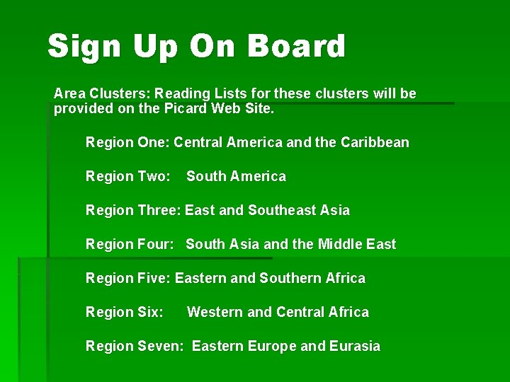 Sign Up On Board Area Clusters: Reading Lists for these clusters will be provided