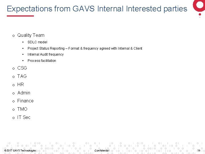 Expectations from GAVS Internal Interested parties o Quality Team • SDLC model • Project