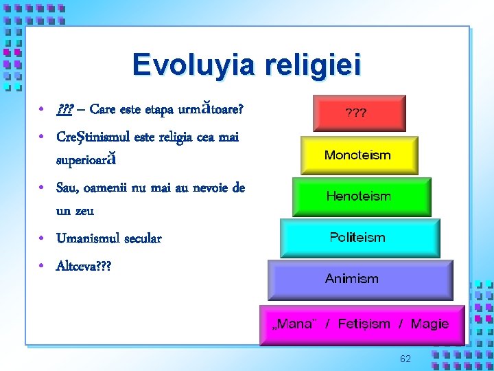 Evoluyia religiei • ? ? ? – Care este etapa următoare? • Creştinismul este