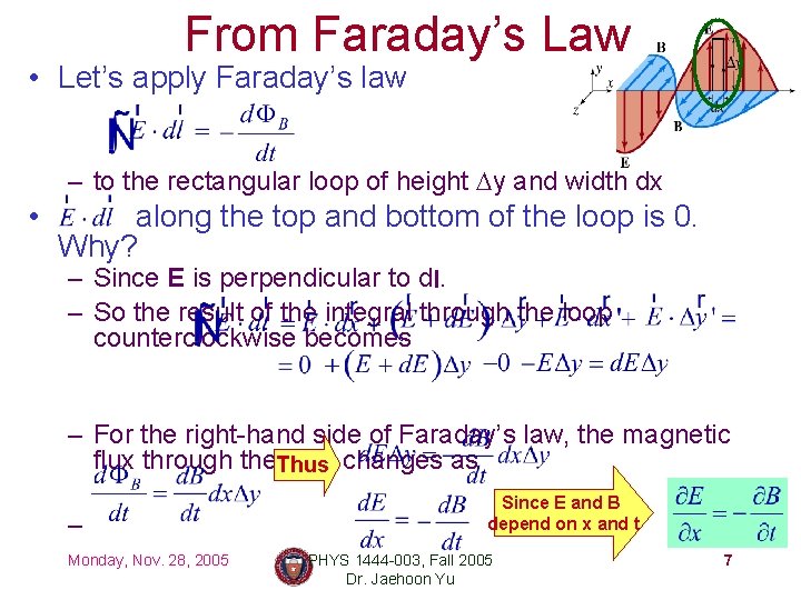 From Faraday’s Law • Let’s apply Faraday’s law – to the rectangular loop of