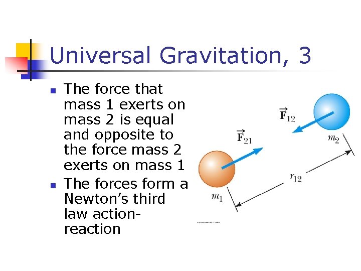 Universal Gravitation, 3 n n The force that mass 1 exerts on mass 2 Universal Gravitation, 3 n n The force that mass 1 exerts on mass 2