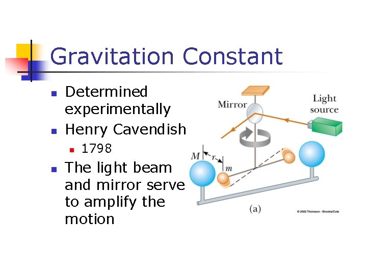 Gravitation Constant n n Determined experimentally Henry Cavendish n n 1798 The light beam Gravitation Constant n n Determined experimentally Henry Cavendish n n 1798 The light beam