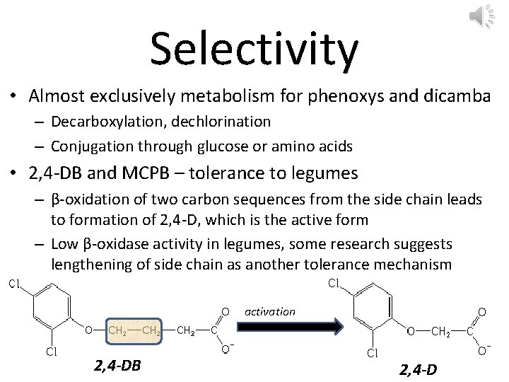 Selectivity • Almost exclusively metabolism for phenoxys and dicamba – Decarboxylation, dechlorination – Conjugation