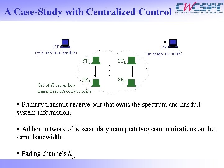 A Case-Study with Centralized Control PT (primary transmitter) PR (primary receiver) ST 1 STK