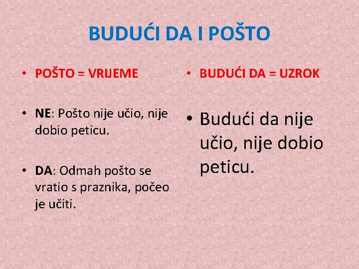 BUDUĆI DA I POŠTO • POŠTO = VRIJEME • BUDUĆI DA = UZROK •