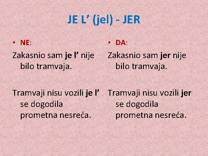 JE L’ (jel) - JER • NE: • DA: Zakasnio sam je l’ nije