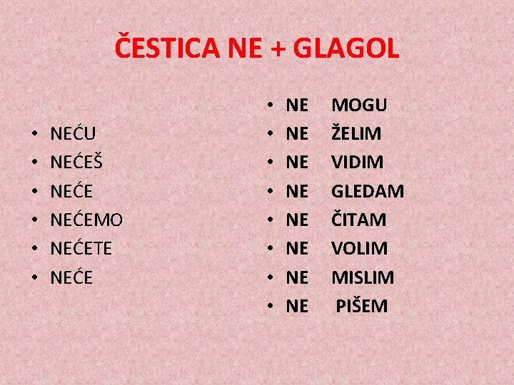 ČESTICA NE + GLAGOL • • • NEĆU NEĆEŠ NEĆEMO NEĆETE NEĆE • •