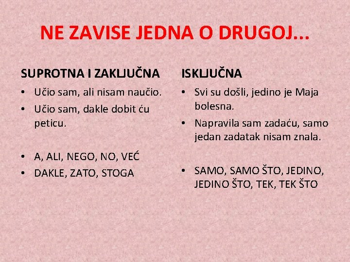 NE ZAVISE JEDNA O DRUGOJ. . . SUPROTNA I ZAKLJUČNA ISKLJUČNA • Učio sam,