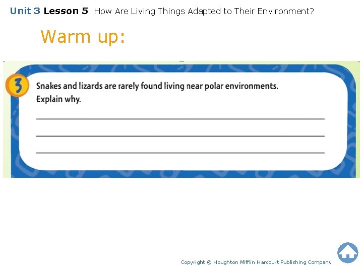Unit 3 Lesson 5 How Are Living Things Adapted to Their Environment? Warm up: