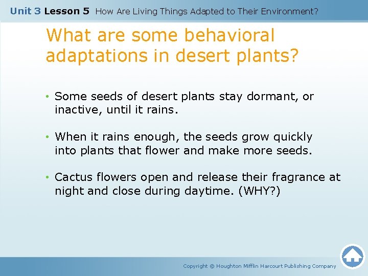 Unit 3 Lesson 5 How Are Living Things Adapted to Their Environment? What are