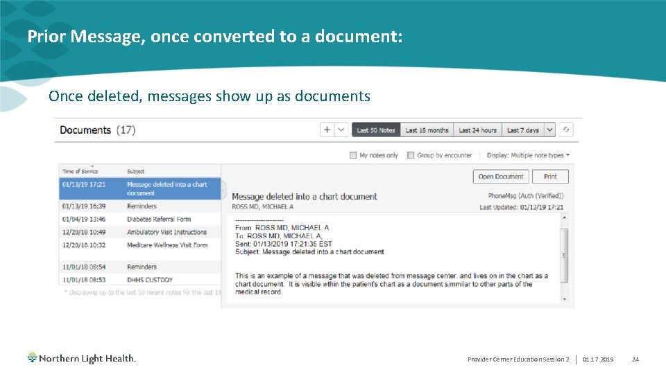 Prior Message, once converted to a document: Once deleted, messages show up as documents