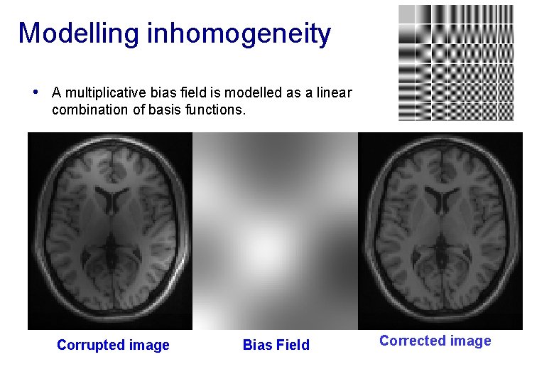 Modelling inhomogeneity • A multiplicative bias field is modelled as a linear combination of