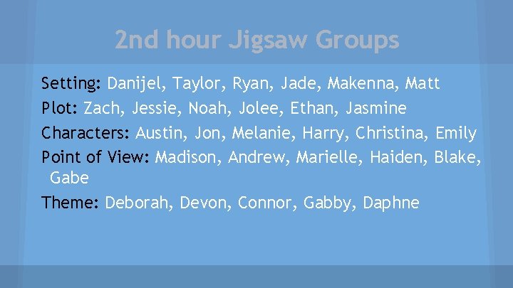 2 nd hour Jigsaw Groups Setting: Danijel, Taylor, Ryan, Jade, Makenna, Matt Plot: Zach,