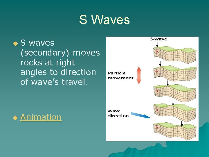 S Waves u u S waves (secondary)-moves rocks at right angles to direction of